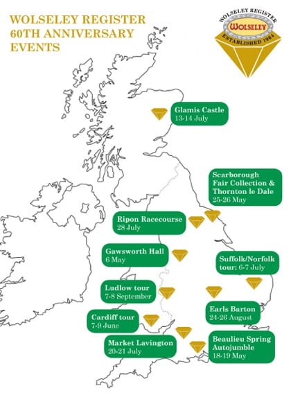 A map of the United Kingdom showing Wolseley Register 60th Anniversary local events